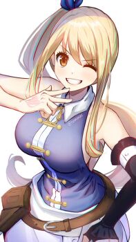  1girl bare_shoulders belt blue_ribbon blue_shirt breasts buttons collar detached_sleeves fairy_tail fairy_tail_zero high_ponytail large_breasts long_hair lucy_heartfilia one_eye_closed orange_hair oz ponytail pouch ribbon shirt skirt solo white_collar white_skirt wink  rating:General score:32 user:BopSomeElks