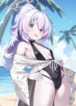  1girl ahoge anchor_choker beach black_choker black_slingshot_swimsuit blue_archive blue_hair breasts choker cosplay cran_berrie embarrassed halo hands_on_own_hips jewelry leaning_back long_hair multicolored_hair nagisa_(swimsuit)_(blue_archive)_cosplay necklace open_clothes open_mouth open_robe outdoors palm_tree pink_hair plunging_neckline ponytail purple_eyes reisa_(blue_archive) robe sky slingshot_swimsuit small_breasts solo sparkle standing star_halo sweat swimsuit tree 