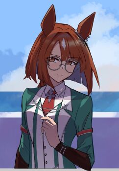  1girl animal_ears blue_sky braid breasts brown_eyes brown_hair collared_shirt commentary_request ear_ornament glasses green_jacket grey-framed_eyewear hand_up highres horse_ears horse_girl ikuno_dictus_(mantle_of_steel)_(umamusume) ikuno_dictus_(umamusume) jacket kuurei_hibikikurenai long_hair medium_breasts necktie red_necktie round_eyewear shirt single_braid sky solo umamusume white_shirt 