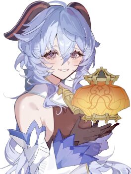  1girl bare_shoulders bell black_gloves blue_hair bodystocking commentary_request cowbell curled_horns detached_sleeves ganyu_(genshin_impact) genshin_impact gloves goat_horns hair_between_eyes highres horns lantern looking_at_viewer looking_to_the_side mamamam_pi neck_bell parted_lips purple_eyes simple_background smile solo upper_body wavy_hair white_background 