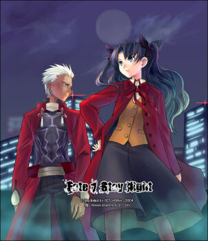  1boy 1girl 2004 archer_(fate) archived_source arm_at_side artist_name black_hair black_pants black_ribbon black_shirt black_skirt black_sky blue_eyes brown_pantyhose brown_vest building buttons cape chinese_knot city city_lights cloud coat collar collared_coat collared_shirt collared_shrug commentary_request copyright_notice covered_abs curtained_hair dark-skinned_male dark_skin dated dress_pants dress_shirt english_text fate/stay_night fate_(series) fingerless_gloves fog frown full_moon gloves h2so4 hair_ribbon hair_slicked_back hand_on_own_hip high_collar korean_commentary legs_apart long_hair long_sleeves may medium_skirt metal_collar metal_plate moon night night_sky open_clothes open_coat pants pantyhose parted_bangs pocket red_cape red_coat red_light red_ribbon red_shrug red_sleeves ribbon shirt shrug_(clothing) skirt sky standing striped_ribbon tall_male tassel tohsaka_rin twintails type-moon unbuttoned undershirt vest waist_cape watermark wavy_hair web_address white_hair white_shirt wing_collar 