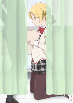  1girl 2boys absurdres black_pantyhose black_skirt blonde_hair bow bowtie breasts breasts_out breasts_squeezed_together cum drill_hair hetero highres lace lace-trimmed_shirt lace-trimmed_sleeves lace_trim long_hair long_sleeves mahou_shoujo_madoka_magica miniskirt mitakihara_school_uniform multiple_boys paizuri paizuri_under_clothes pantyhose perpendicular_paizuri plaid_clothes plaid_skirt projectile_cum red_bow red_bowtie school_uniform shirt short_twintails skirt solo_focus tomoe_mami twin_drills twintails usazirou539 yellow_eyes 