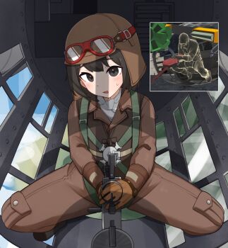  1girl :d absurdres aircraft airplane airplane_interior ascot aviator_cap black_eyes black_hair blurry blurry_background blush bodysuit bomber brown_bodysuit brown_gloves brown_vest chest_harness collared_bodysuit commentary daebom day english_commentary from_above game_screenshot_inset gloves goggles goggles_on_headwear gun harness head_tilt helmet highres ki-49_donryuu light_blush looking_at_viewer machine_gun military_vehicle nakajima_ki-49_donryuu open_mouth original raised_eyebrows red-framed_eyewear screenshot_inset shadow short_hair sitting smile solo spread_legs sweat type_89_machine_gun very_sweaty vest war_thunder weapon weapon_request white_ascot wide_spread_legs 