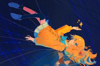  1girl aqua_bow aqua_bowtie asymmetrical_legwear bandaid bandaid_on_knee bandaid_on_leg black_socks black_thighhighs blue_eyes blue_shoes blue_skirt bow bowtie brown_hair cardigan closed_mouth commentary floating from_side full_body hair_between_eyes hair_ribbon highres long_hair long_sleeves miniskirt neuro-sama nostyx_x pleated_skirt red_ribbon ribbon shoes skirt socks solo sparkle thighhighs uneven_legwear untranslatable_commentary vedal_ai virtual_youtuber yellow_cardigan 