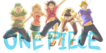  1girl 4boys ^_^ arided_(yuzuru) black_hair blonde_hair cigarette closed_eyes commentary_request copyright_name curly_eyebrows denim green_hair hands_in_pocket jeans jumping long_nose monkey_d._luffy multiple_boys nami_(one_piece) one_piece open_mouth orange_eyes orange_hair pants ponytail roronoa_zoro sandals sanji_(one_piece) scar scar_on_face shirt short_hair shorts simple_background straw_hat_pirates t-shirt usopp white_background 