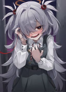  1girl blue_archive blush dress eyeball_hair_ornament grey_hair hair_between_eyes hair_over_one_eye halo heart heart-shaped_pupils kanoe_(blue_archive) long_hair long_sleeves looking_at_viewer open_mouth orange_eyes pinafore_dress shirt sleeveless sleeveless_dress smile solo string_of_fate symbol-shaped_pupils um_111 white_shirt  rating:General score:5 user:Artfinderer