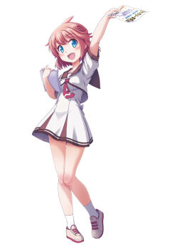  1girl absurdres amatsuka_patako blue_eyes dress facing_viewer female_focus full_body gal_gun gal_gun_(series) gal_gun_double_peace highres holding looking_at_viewer official_art open_mouth paper patako_(gal_gun) pink_hair shoes short_hair short_sleeves simple_background sneakers solo standing white_background  rating:Sensitive score:11 user:danbooru