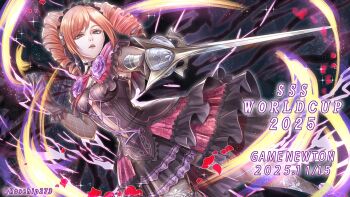  1girl amy_sorel black_dress black_gloves capelet clothing_cutout commentary_request dress drill_hair gloves god-sun2731 green_eyes highres holding holding_sword holding_weapon looking_at_viewer navel parted_lips rapier solo soul_calibur soulcalibur soulcalibur_vi sword teeth twin_drills twitter_username upper_teeth_only weapon 