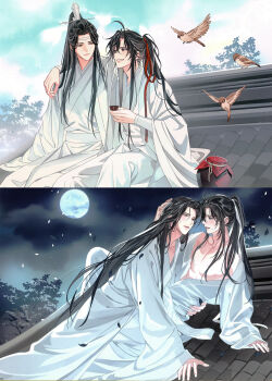  2boys absurdres ahoge alcohol alternate_costume arm_around_shoulder bare_pectorals bare_shoulders bathrobe bird black_hair blush borrowed_clothes brown_eyes chinese_clothes choko_(cup) closed_eyes closed_mouth cloud collarbone couple cup day_and_night eye_contact falling_petals full_moon gearous grey_eyes grin hair_ribbon hand_on_another's_head hand_on_another's_hip hand_on_another's_shoulder hanfu headband hickey high_ponytail highres holding holding_cup hug jug_(bottle) lan_wangji liquor long_hair long_sleeves looking_at_another male_focus modao_zushi moon multiple_boys night nipples off_shoulder official_art on_rooftop open_clothes open_robe outdoors parted_lips pectorals petals ponytail red_ribbon ribbon robe rooftop sidelocks sitting sky smile split_screen third-party_source tree very_long_hair wei_wuxian white_hanfu white_headband white_ribbon white_robe wide_sleeves xiao_guan_(headdress) yaoi yellow_eyes 