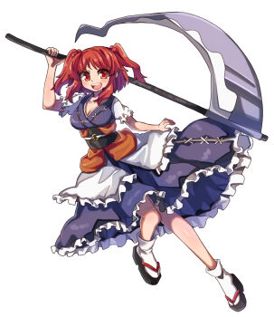  1girl :d black_sandals blue_dress breasts cleavage commentary dress full_body hair_bobbles hair_ornament highres holding holding_scythe looking_at_viewer medium_breasts obi okobo one-hour_drawing_challenge onozuka_komachi open_mouth platform_sandals red_eyes red_hair renshirenji sandals sash scythe short_sleeves simple_background smile socks solo teeth touhou two_side_up upper_teeth_only white_background white_socks  rating:General score:6 user:danbooru
