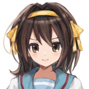  1girl 545s_(user_azfy2553) blue_sailor_collar blush brown_eyes brown_hair closed_mouth commentary hair_ribbon hairband kita_high_school_uniform long_hair looking_at_viewer portrait ribbon sailor_collar school_uniform serafuku simple_background smile solo suzumiya_haruhi suzumiya_haruhi_no_yuuutsu white_background yellow_hairband yellow_ribbon 