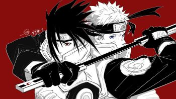  2boys blue_eyes closed_mouth commentary facial_mark flak_jacket forehead_protector gloves greyscale_with_colored_background highres holding holding_weapon iiiijyyyy jacket male_focus multiple_boys naruto_(series) naruto_shippuuden red_background red_eyes sharingan short_hair signature spot_color uchiha_sasuke uchiha_symbol upper_body uzumaki_naruto weapon whisker_markings 