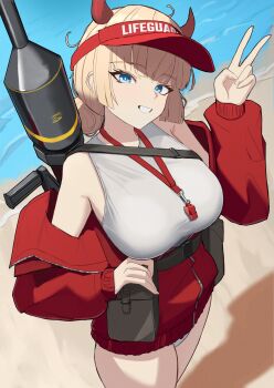  1girl absurdres bare_legs belt blonde_hair blue_eyes bra from_above grenade_launcher highres holster horns jacket klottinen looking_at_viewer ocean off_shoulder original panzerfaust_3 red_jacket rocket_launcher sand shell_hat short_hair solo underwear vest weapon whistle white_bra white_vest 