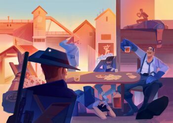  1other 2fort 6+boys backpack bag balaclava bald bandolier baseball_cap belt black_hat blood blu_heavy_(tf2) blu_medic_(tf2) blu_scout_(tf2) blu_sniper_(tf2) blu_soldier_(tf2) blu_spy_(tf2) blue_gloves blue_suit boots card cheating_(competitive) cigarette coat commentary decapitation drinking eating fingerless_gloves flamethrower food formal_clothes glasses gloves gun hand_to_head hand_wraps hat headset heavy_(tf2) holding holding_flamethrower holding_weapon laughing lying medic_(tf2) multiple_boys necktie nofaceuserr outdoors pinstripe_pattern pinstripe_suit playing_card playing_card_game playing_games pyro_(tf2) rifle sandvich scout_(tf2) shirt sitting sniper_(tf2) sniper_rifle soldier_(tf2) spy_(tf2) suit sunglasses team_fortress_2 under_table watch waving weapon white_shirt wristwatch 