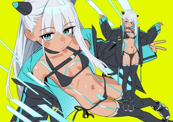  1girl absurdres bikini black_bikini black_jacket black_thighhighs blue_eyes body_markings breasts collarbone commentary_request dark-skinned_female dark_skin fanged_bangs full_body green_background groin highres jacket long_hair long_single_sidelock multiple_views navel open_clothes open_jacket original ryuuforkaf shoes side-tie_bikini_bottom simple_background sleeves_past_wrists small_breasts sneakers solo standing stomach swimsuit thighhighs two-sided_fabric two-sided_jacket v white_hair 