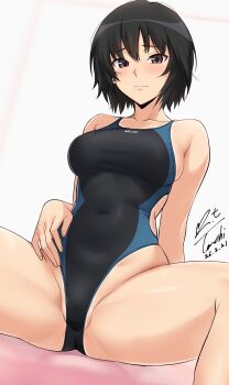  1girl absurdres amagami arm_behind_back arm_support artist_name black_hair black_one-piece_swimsuit blue_one-piece_swimsuit blush breasts brown_eyes closed_mouth collarbone commentary_request competition_swimsuit covered_navel dated groin hair_between_eyes hand_on_own_stomach highleg highleg_one-piece_swimsuit highres large_breasts light_blush nanasaki_ai one-piece_swimsuit pink_background raised_eyebrows revision short_hair signature sitting solo spread_legs swimsuit two-tone_one-piece_swimsuit white_background wide_spread_legs yoo_tenchi 