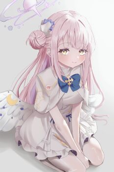  1girl absurdres angel_wings between_legs blue_archive blue_bow blue_bowtie bow bowtie breasts capelet closed_mouth commentary_request dress feathered_wings grey_background hair_bun halo hand_between_legs highres long_hair looking_at_viewer low_wings mika_(blue_archive) musama_universe pink_hair pink_halo simple_background single_side_bun sitting smile solo wariza white_capelet white_dress white_wings wing_ornament wings yellow_eyes 
