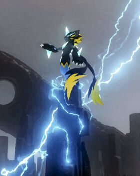  arm_blade black_fur blue_eyes blue_fur body_fur claws electricity electrokinesis from_side full_body gen_7_pokemon glowing_horns hand_up highres horns legendary_pokemon looking_at_viewer mega_pokemon mega_zeraora multicolored_fur mythical_pokemon nintendo outdoors pokemon pokemon_(creature) pokemon_focus profile rivalclay sideways_glance single_horn solo standing weapon whiskers yellow_fur zeraora 
