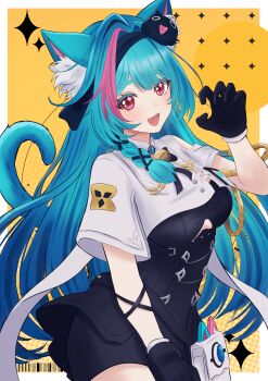  1girl absurdres animal_ear_fluff animal_ears aqua_hair black_bodysuit black_gloves bodysuit breasts cat_ears cat_girl cat_tail colored_eyelashes commentary_request cropped_shirt gloves highres large_breasts long_hair looking_at_viewer mint_(neverness_to_everness) neverness_to_everness open_mouth pink_eyes pink_hair riraranran shirt smile solo tail very_long_hair white_shirt 
