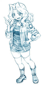  1girl bbb_(friskuser) blue_theme boots commentary cutoffs denim denim_shorts emblem full_body girls_und_panzer hair_intakes hand_in_pocket highres index_finger_raised jacket kay_(girls_und_panzer) long_sleeves looking_at_viewer medium_hair military_uniform monochrome open_clothes open_jacket open_mouth saunders_military_uniform shirt short_shorts shorts smile solo standing star_(symbol) thighhighs 