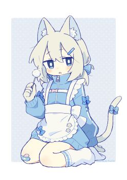  1girl absurdres animal_ear_fluff animal_ears animal_hands apron bandaid bandaid_on_knee bandaid_on_leg blonde_hair blue_background blue_bow blue_eyes blue_jacket blush bow bright_pupils cat_ears cat_girl cat_tail claws commentary_request dot_nose double-parted_bangs frilled_apron frills full_body fumiko_(rubra_plumeria) hair_between_eyes hair_ornament hairclip highres holding jacket jersey_maid long_sleeves looking_at_viewer loose_socks maid medium_hair mimikaki open_mouth original polka_dot polka_dot_background sitting sleeve_bow socks solo tail track_jacket unconventional_maid wariza white_apron white_pupils white_socks zipper 