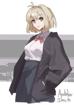 1girl absurdres antenna_hair arcueid_brunestud black_jacket blonde_hair bow bowtie breasts closed_mouth collared_shirt commentary cropped_torso english_commentary eyelashes hands_in_pockets high-waist_skirt highres jacket jonyeld looking_at_viewer medium_hair open_clothes open_jacket raised_eyebrows red_bow red_bowtie red_eyes shirt skirt smile solo standing tsukihime white_shirt rating:General score:5 user:danbooru