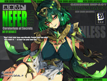  1girl absurdres ancient_egyptian_clothes bangle bra bracelet breasts claw_ring claws cleavage commentary copyright_name covered_erect_nipples dark_background defaultz elbow_gloves english_commentary english_text eye_tattoo fake_claws fangs gem genshin_impact gloves gold_hairband green_bra green_eyes green_gem green_hair green_lips green_nails green_streaks hair_between_eyes hairband headpiece highres jewelry large_breasts looking_at_viewer mark_under_eye mole mole_under_eye multicolored_hair nail_polish nefer_(genshin_impact) open-toe_shoes open_mouth paid_reward_available short_hair sideboob sitting skirt solo streaked_hair symbol-shaped_pupils tattoo thigh_strap toenail_polish toenails triangle-shaped_pupils twitter_username underwear usekh_collar white_skirt yokozuwari zenless_zone_zero 