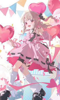  1girl :d absurdres alamp balloon bandaid bandaid_on_knee bandaid_on_leg birthday black_shoes box commentary_request confetti dress fangs full_body gift gift_box heart_balloon highres long_hair long_sleeves looking_at_viewer loose_socks makaino_ririmu multicolored_hair nijisanji open_mouth pink_dress pointy_ears red_eyes ribbon-trimmed_dress ribbon_trim shoes smile socks solo standing streaked_hair string_of_flags two-tone_hair virtual_youtuber white_socks 