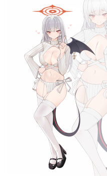  1girl absurdres blue_archive braid breasts cleavage closed_mouth crop_top evolved_virgin_killer_sweater full_body garter_straps grey_hair halo hand_on_own_hip hand_up haruna_(blue_archive) high_heels highres large_breasts loincloth long_hair long_sleeves looking_at_viewer mary_janes midriff navel pelvic_curtain red_eyes revealing_clothes ribbed_sweater shoes simple_background single_wing smile solo standing stomach sweater tail thighhighs thighs umber00 white_background white_thighhighs wings zoom_layer 