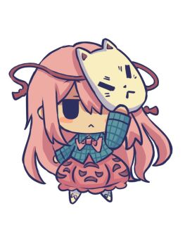  1girl :< bow bowtie bubble_skirt chibi chibi_only commentary fox_mask hashtag-only_commentary hata_no_kokoro long_hair long_sleeves looking_at_viewer mask mask_on_head orange_skirt pink_bow pink_bowtie pink_hair plaid_clothes plaid_shirt shirt silverrain simple_background skirt skirt_cutout solo touhou very_long_hair white_background 