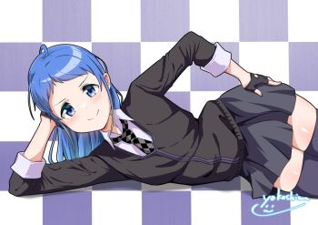  1girl black_thighhighs blue_eyes blue_hair blush checkered_background checkered_clothes checkered_necktie cosplay fingerless_gloves gloves jacket kantai_collection long_hair long_sleeves looking_at_viewer lying necktie samidare_(kancolle) school_uniform shirt skirt smile solo tenryuu_(kancolle) tenryuu_(kancolle)_(cosplay) thighhighs very_long_hair yokoshima_(euphoria) 