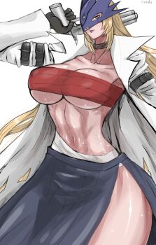 1girl absurdres alternate_costume beelstarmon black_choker black_skirt blonde_hair chest_sarashi choker coat collarbone commentary_request covered_erect_nipples cowboy_shot digimon digimon_(creature) eye_mask highres mask pleated_skirt purple_eyes sarashi simple_background skirt solo third_eye trigger_discipline white_background white_coat yuzuriha_caruru 