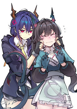  2girls absurdres ahoge anger_vein arknights arknights:_endfield black_gloves black_hair black_shorts blue_gloves blue_hair blue_jacket ch'en_(arknights) cheek_pinching chen_qianyu_(arknights) closed_eyes closed_mouth collared_shirt commentary_request cowboy_shot dragon_girl dragon_horns dragon_tail dress eastern_dragon_horns eastern_dragon_tail fei_luo_mao fingerless_gloves gloves highres horns intertwined_tails jacket long_hair multicolored_gloves multiple_girls necktie open_clothes open_jacket pinching red_eyes shirt shorts sidelocks simple_background tail tearing_up twintails two-tone_gloves wavy_mouth white_background white_dress white_shirt yellow_necktie 