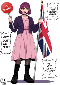  1girl 2026 absurdres amelia_(pathways) angry animification artist_name black_boots black_choker blunt_bangs bob_cut boots breasts choker clenched_hands commentary cropped_jacket dress english_commentary english_text flag highres hijudeofficial holding holding_flag holding_sign jacket long_sleeves mole mole_under_eye pantyhose pathways_(game) pink_dress politics profanity protest purple_hair purple_jacket shadow shouting sign simple_background small_breasts v-shaped_eyebrows white_background  rating:General score:25 user:Itwyug3