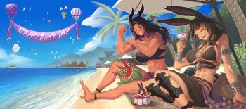  2girls :d abs absurdres aircraft animal_ears anklet ark_(arkcyb) balloon bare_arms barefoot beach beach_umbrella bikini birthday_cake black_bikini black_hair black_horns blue_sky blunt_bangs bracelet bras_d'honneur breasts buttslayer cake closed_eyes cocktail_glass commission cup day drinking_glass final_fantasy final_fantasy_xiv food fruit full_body gradient_hair grin happy_birthday highres holding holding_cup horns hot_air_balloon jewelry large_breasts long_hair mole mole_under_eye multicolored_hair multiple_girls muscular muscular_female nerwen_celebrindal_(jenn_aye) open_mouth original outdoors palm_tree parted_bangs purple_eyes purple_hair rabbit_ears rabbit_girl sand sky smile strapless strapless_bikini swimsuit toned toned_female tree umbrella v-shaped_eyebrows viera warrior_of_light_(ff14) watermelon watermelon_between_thighs 