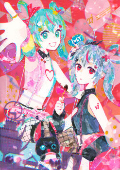  2girls :d :o aqua_arm_warmers aqua_eyes aqua_hair arm_warmers balloon black_arm_warmers black_shirt blue_nails blue_planet_(vocaloid) blue_shirt breasts candy check_commentary cleavage_cutout clothing_cutout collared_shirt commentary_request crop_top deco_miku deco_miku_(darkness) dokuringo_(vocaloid) dutch_angle earrings eyelashes fishnet_pantyhose fishnets food from_side fruit gradient_hair hair_between_eyes hair_ribbon hair_rings hand_up hatsune_miku heart heart-shaped_hair heart_cutout hello_(deco27) hibana_(vocaloid) highres holding holding_candy holding_food holding_lollipop jewelry lollipop looking_at_viewer masking_tape_(medium) medium_hair midriff mixed_media mousou_kanshou_daishou_renmei_(vocaloid) multicolored_hair multiple_girls navel neenya_(deco27) ojama_mushi_(vocaloid) open_hand open_mouth outstretched_arm outstretched_hand pantyhose pantyhose_under_shorts parted_lips pink_hair pink_shirt pink_shorts pink_streaks rabbit_hole_(vocaloid) red_background red_eyes red_nails red_ribbon ribbon ryono shirt shorts shoulder_tattoo sidelocks sitting sleeveless sleeveless_shirt small_breasts smile strawberry suspenders tattoo telepathy thumb_ring traditional_media unconventional_media vocaloid white_shirt 