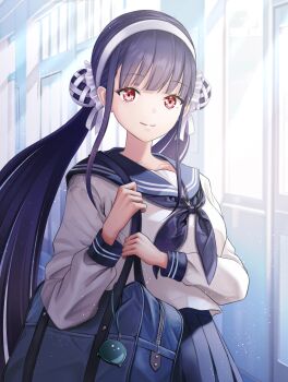  1girl absurdres alternate_costume bag black_neckerchief black_skirt blue_hair blue_sailor_collar blunt_bangs closed_mouth commentary commission cowboy_shot day double_bun eyelashes floating_hair hair_bun hair_ribbon hairband heaven_burns_red highres indoors kepekki_kanojo long_hair long_sleeves looking_at_viewer low_twintails narby_(heaven_burns_red) neckerchief pixiv_commission pleated_skirt red_eyes ribbon sailor_collar satsuki_mari school_uniform serafuku shirt shoulder_bag sidelighting sidelocks skirt smile solo split_mouth straight_hair twintails very_long_hair white_hairband white_ribbon white_shirt window 