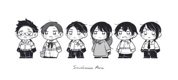  1girl 5boys absurdres ao_dai axis_powers_hetalia backpack bag baggy_pants belt blush_stickers buttons chibi chibi_only clenched_hands closed_mouth collared_shirt commentary_request dress english_text fang flower_ornament full_body glasses gloves greyscale hair_bun half-closed_eyes highres indonesia_(hetalia) jacket lapels long_hair looking_afar low_ponytail malaysia_(hetalia) mi_aph_to military military_jacket military_uniform monochrome multicolored_hair multiple_boys neckerchief necktie open_mouth pants philippines_(hetalia) ponytail ribbon sailor_collar semi-rimless_eyewear shirt shoes short_hair short_sleeves simple_background singapore_(hetalia) skin_fang smile standing streaked_hair thailand_(hetalia) very_long_hair vietnam_(hetalia) vietnamese_clothes 