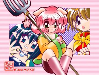  3girls :3 animal_charm artist_name bike_shorts black_eyes black_shorts blue_collar blue_eyes blue_hair brown_hair charm_(object) closed_mouth collar food fruit genderswap genderswap_(mtf) green_eyes grin hands_up holding holding_food holding_fruit holding_staff journey_to_the_west long_hair long_sleeves medium_hair multiple_girls non-web_source open_mouth peach pink_hair pink_socks pitchfork pointy_ears sha_wujing shirt shorts sleeves_past_wrists smile socks staff sun_wukong waving wide_sleeves yamamoto_takeo yellow_shirt zhu_bajie 