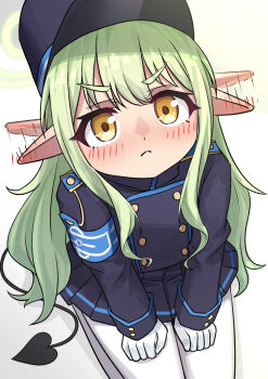  1girl :< absurdres blue_archive blush closed_mouth commentary_request demon_tail ear_blush flapping_ears from_above gloves green_hair green_halo halo hands_on_own_thighs hat highres hikari_(blue_archive) jacket long_hair long_sleeves looking_at_viewer newsboy_cap onejio pantyhose pleated_skirt pointy_ears seiza sitting skirt solo tail white_gloves white_pantyhose yellow_eyes  rating:General score:6 user:danbooru