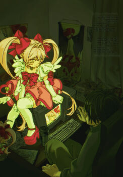  1boy 1girl black_hair black_pants black_sweater bow can choker closed_eyes closed_mouth commentary computer computer_keyboard computer_mouse curtains dark_room dress elbow_gloves english_commentary figure gloves hair_bow hair_intakes heart heart_choker highres indoors long_hair long_sleeves magical_girl original otaku otaku_room pants petticoat pink_dress pink_hair platform_shoes poster_(object) red_bow red_choker red_shoes shoes short_hair sitting sleeveless sleeveless_dress smile sweater terasaka_engawa thighhighs turtleneck turtleneck_sweater twintails very_long_hair wand white_thighhighs 