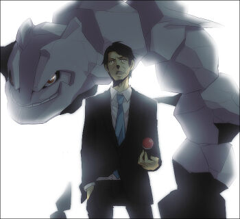  1boy behind_another black_hair black_pants blazer blue_necktie commentary cowboy_shot dappled_sunlight dress_shirt facing_viewer formal_clothes gen_2_pokemon hand_in_pocket holding holding_poke_ball jacket looking_ahead loose_necktie male_focus mature_male necktie nintendo old old_man original pants poke_ball pokemon pokemon_(creature) red_eyes salaryman shirt steelix suit sun-baby sunlight white_background white_shirt 
