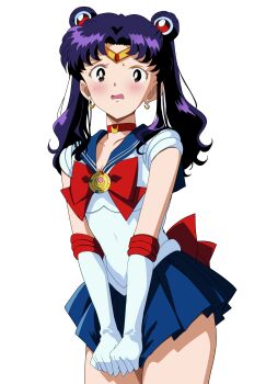 1girl absurdres back_bow bishoujo_senshi_sailor_moon black_eyes blue_sailor_collar blue_skirt blush bow bowtie breasts choker circlet cleavage cosplay cowboy_shot crescent crescent_choker crescent_earrings double_bun earrings elbow_gloves embarrassed female_focus gem gloves hair_bun highres jewelry katsuragi_misato long_hair looking_at_viewer miniskirt mitsuishi_kotono neon_genesis_evangelion open_mouth pleated_skirt purple_hair red_bow red_bowtie red_choker red_gem sailor_collar sailor_moon sailor_moon_(cosplay) simple_background skirt skirt_tug small_breasts solo standing tetsuado twintails voice_actor_connection wavy_mouth white_background white_gloves