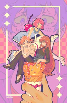  2boys 2girls artist_name black_pants black_shirt black_shoes blonde_hair blue_eyes blue_eyeshadow blue_nails blue_serafuku blue_shoes blush bob_cut breasts brown_eyes brown_hair catherine:_full_body catherine_(atlus_character) catherine_(game) cherry cleavage commentary crossdressing crossdressing_(mtf) dress english_commentary eyeshadow food fruit ghostpotion_art glasses green_eyes highres holding holding_ice_cream_cone ice_cream_cone katherine_mcbride lipstick long_hair makeup multiple_boys multiple_girls necktie nervous_sweating pants pink_hair purple_eyes purple_hair rin_(catherine) school_uniform serafuku shirt shoes short_hair socks sparkle sprinkles sweat trap vincent_brooks white_dress white_necktie white_shoes white_socks 