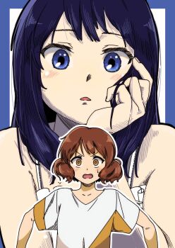  2girls bare_shoulders blue_border blue_eyes blue_hair blush border brown_eyes brown_hair commentary_request doujinshi_cover_trope_(trend) flustered g_s_u_m hand_on_own_face head_rest hibike!_euphonium highres kousaka_reina long_hair multiple_girls open_mouth oumae_kumiko parted_lips peanut_mouth projected_inset shirt short_hair short_sleeves t-shirt upper_body v-shaped_eyebrows white_shirt 