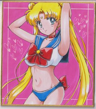  1girl adapted_costume armpits arms_behind_head back_bow bishoujo_senshi_sailor_moon blonde_hair blue_eyes blue_sailor_collar bow bowtie bra breasts chikoto_(kztc4472) choker cleavage collarbone crescent crescent_earrings crescent_facial_mark earrings facial_mark highres jewelry long_hair looking_at_viewer midriff navel panties photo_(medium) pink_background red_bow red_bowtie red_choker sailor_collar sailor_moon sailor_moon_narikiri_bra_set sailor_senshi_uniform smile solo traditional_media transformation_brooch_(sailor_moon) tsukino_usagi underwear underwear_only unofficial_sailor_senshi_uniform 