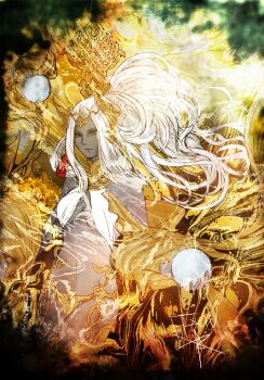  1girl breasts colored_skin commentary_request copyright_name crystal_ball final_fantasy final_fantasy_xiv gold gold_panties grey_eyes grey_skin headpiece holding long_hair medium_breasts navel ponytail ruka_(blueplus84) solo sophia_(final_fantasy) tassel underboob white_hair 