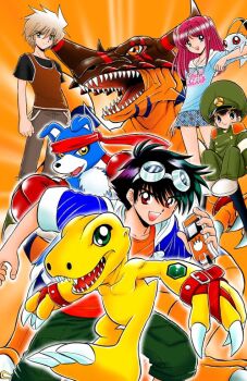  1girl 4boys agumon_(digimon_savers) armband belt black_eyes black_hair black_shirt black_socks blue_hoodie blue_jacket blue_shirt boxing_gloves brown_hair brown_pants brown_tank_top buttons claws closed_mouth collared_jacket commentary_request digimon digimon_(creature) digimon_next digivice_ic double-breasted drawstring furry gaomon geogreymon goggles goggles_on_head green_eyes green_hat green_jacket green_pants hat headband holding hood hood_down hoodie horns inui_yuu jacket kahara_shou kitajima_ami kneehighs long_hair miniskirt multiple_boys official_art okano_takeshi open_mouth orange_eyes orange_shirt pants peaked_cap pink_hair pitchmon pleated_skirt red_belt red_eyes red_headband sharp_teeth shirt shoes short_hair skirt smile socks spiked_hair tank_top tatsuno_tsurugi teeth white_armband white_shoes wrist_belt yellow_eyes 