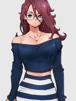  1girl alternate_costume android_21 bare_shoulders blue_eyes breasts collarbone dragon_ball dragon_ball_fighterz earrings glasses grey_background hair_between_eyes hoop_earrings jewelry kemachiku long_hair long_sleeves looking_at_viewer medium_breasts meme midriff necklace off_shoulder red_hair simple_background skirt solo striped_clothes striped_skirt the_dress_(meme) 