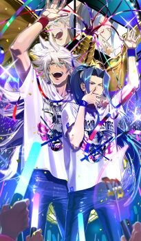  2boys black_pants chaldea_boys_collection commentary_request concert confetti covering_own_mouth curtained_hair fate/grand_order fate_(series) game_cg glowstick green_eyes hand_over_own_mouth happy high_ponytail holding holding_glowstick long_hair male_focus multiple_boys my_kind_of_abduction official_art open_mouth pants penlight_(glowstick) ponytail purple_hair sasaki_kojirou_(fate) shirt short_sleeves sidelocks siegfried_(fate) smile stadium suzuki_jirou t-shirt third-party_source very_long_hair white_hair white_shirt wristband 